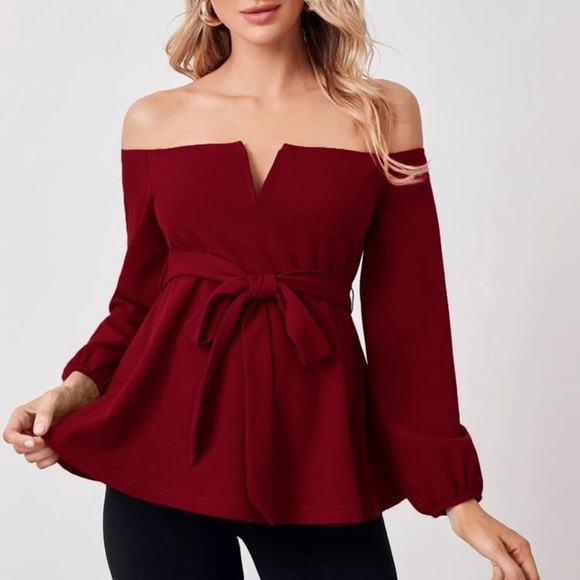 Maternity V Off Shoulder Belted long sleeve Top red burgundy maroon - Picture 2 of 8